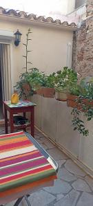 a patio with a table and some potted plants at maison de village in Thuir