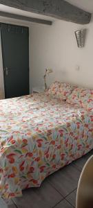 a bedroom with a bed with a colorful blanket at maison de village in Thuir