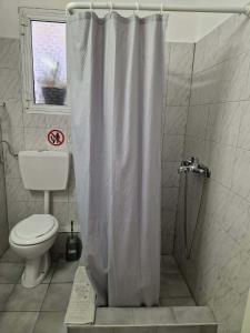 a bathroom with a shower curtain and a toilet at Olimpus Sunset Studio in Paralia Katerinis