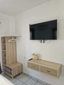 a flat screen tv hanging on a wall at Olimpus Sunset Studio in Paralia Katerinis