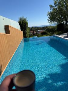 a person pointing at a blue swimming pool at Villa Magnifica - Private Pool, Elevator & Sea View in Paliouri +11 photos