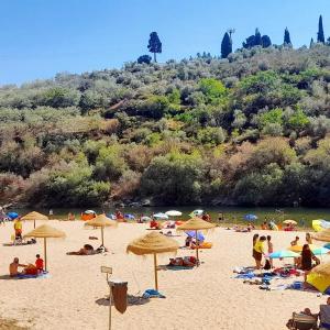 a group of people on a beach with umbrellas at Casa do Rio By Viva a Vida - Alojamentos & Hotels in Constância