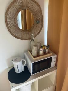 a mirror on top of a microwave on a counter at Chambre et sdb avec entrée privative in Soustons