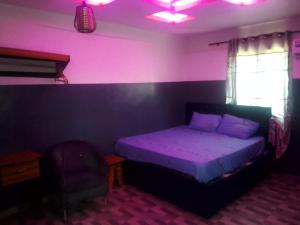 a bedroom with a bed and a chair in a room at Palmgroove Hotel AND Bar, IDANYIN, IPERIN,OGUN STATE in Obisesan