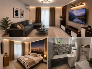 a living room with a couch and a room with a tv at Apartament Rovine in Craiova