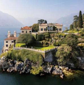 an aerial view of a house on an island in the water at Cà del Fili in Lenno
