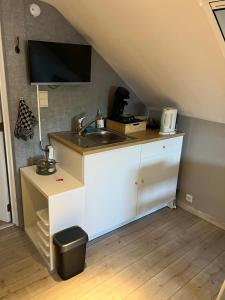 a kitchen with a sink and a counter with a tv at Le Flanelmont in Theux +13 photos