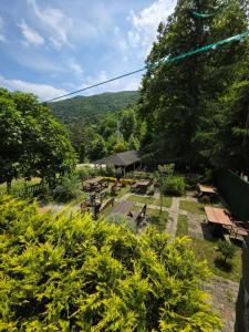a view of a garden with tables and benches at Özde Dağ Evi in Sapanca