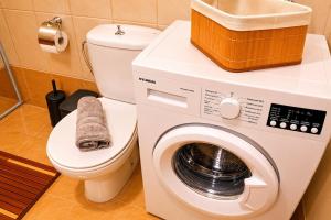 a bathroom with a toilet and a washing machine at Olive Garden Vila in Karianí
