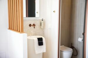a bathroom with a toilet and a sink and a mirror at enplomare in Plomari +21 photos