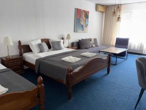 ein Hotelzimmer mit zwei Betten und einer Couch in der Unterkunft Hotel Rotasar in Sofia