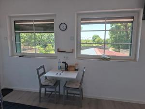 a dining room with a table and two windows at Unseburger-Brauhaus GmbH, FW 10 in Unseburg