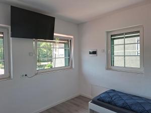 a white room with two windows and a bed at Unseburger-Brauhaus GmbH, FW 10 in Unseburg