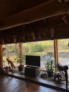 a living room with a flat screen tv and some animals at Lilaste in Lilaste