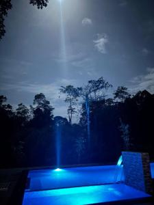 a pool with blue lights in front of a forest at Makelioya Nature Resort in Kelinkanda