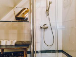 a bathroom with a shower with a glass door at Dom Sokolik in Trzcińsko