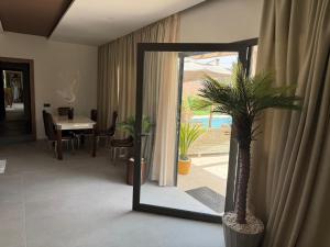 a mirror in a living room with a palm tree at VILLA Noor Atlas in Aghmat