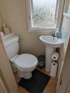 a bathroom with a toilet and a sink and a window at Ocean View in Aberaeron +4 photos