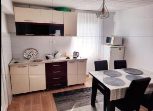 a kitchen with a table and a kitchen with a refrigerator at Bus Station Hostel in Peje