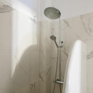 a shower with a shower head in a bathroom at Santana Apartments in Perivolos +68 photos