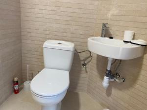 ein Badezimmer mit weißer Toilette und Waschbecken in der Unterkunft 3 Elementy in Čachtice + 11 Fotos