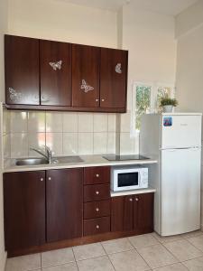 a kitchen with a white refrigerator and a microwave at Golden Beach Sea View in Nea Mesangala +32 photos