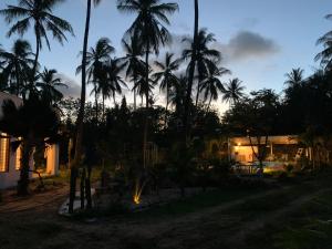 a view of a house with palm trees at night at Nyotas gem in Watamu
