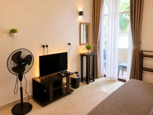 a living room with a flat screen tv and a fan at Eighty seven guest and restaurant in Badulla