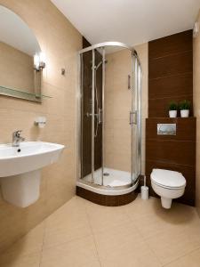 a bathroom with a shower and a sink and a toilet at Hotel Karolinka in Karpacz +19 photos