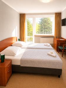 a bedroom with two beds and a large window at Hotel Karolinka in Karpacz