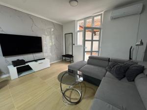 a living room with a couch and a flat screen tv at Hide Avenue Dedinje in Dedinje +14 photos