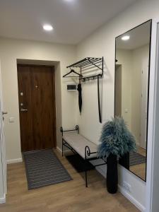 a room with a mirror and a bench next to a door at Taikos apartments in Kupiškis