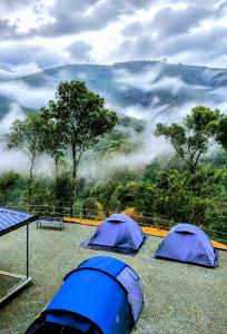 two blue tents sitting on the grass in front of a mountain at Gandhara Tent camping in Vagamon
