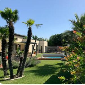 a yard with palm trees and a swimming pool at Un bon cocon privé climatisé chez l habitant in Valence
