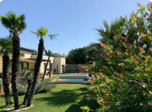 a yard with palm trees and a swimming pool at Un bon cocon privé climatisé chez l habitant in Valence