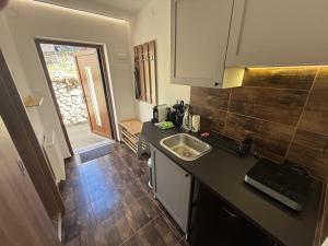 a kitchen with a sink and a counter top at Apartmány Adam in Sedlec