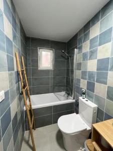 a bathroom with a toilet and a bath tub at La maison colimaçon in Clans