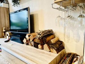 a tv sitting on top of a table with a pile of fire wood at Chalet op de veluwe in Putten