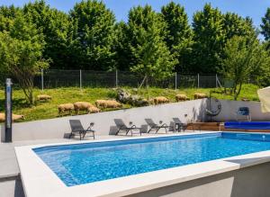 a swimming pool with chairs and sheep in the background at Holiday House Marija in Otočac