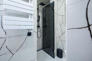 a bathroom with a black door in a white wall at Super Central - Modern & Luxury in Budapest +8 photos