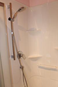 a shower with a glass door in a bathroom at La Reine in St-Etienne de Bolton