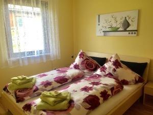 a bedroom with two beds with pillows and a window at Ferienhäuser Holenberg in Holenberg