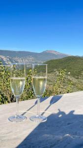 two glasses of white wine sitting on top of a table at Tredici lune B&B in Finocchito
