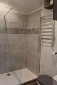 a bathroom with a glass shower with a toilet at Appartement MIFA in Frontignan +6 photos