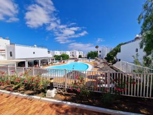 a view of a swimming pool with flowers at Teguisol Breeze en Costa Teguise in Costa Teguise
