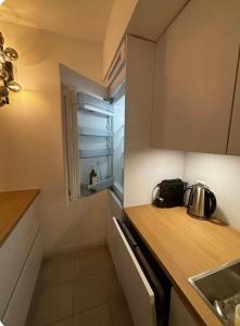 eine kleine Küche mit Spüle und Kühlschrank in der Unterkunft Shiraz in Lausanne