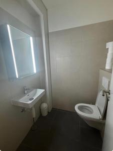 ein Badezimmer mit weißer Toilette und Waschbecken in der Unterkunft Shiraz in Lausanne