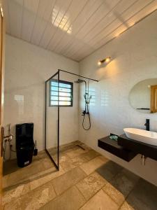 a bathroom with a shower and a sink at Savannah Beach in Ambatomilo