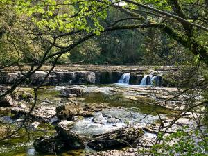 a waterfall in the middle of a river at The Owlery At Aysgarth in Aysgarth