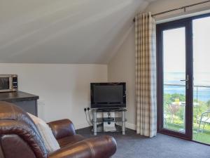 a living room with a couch and a tv and a window at Woodlea Cottage 1 in Dippin